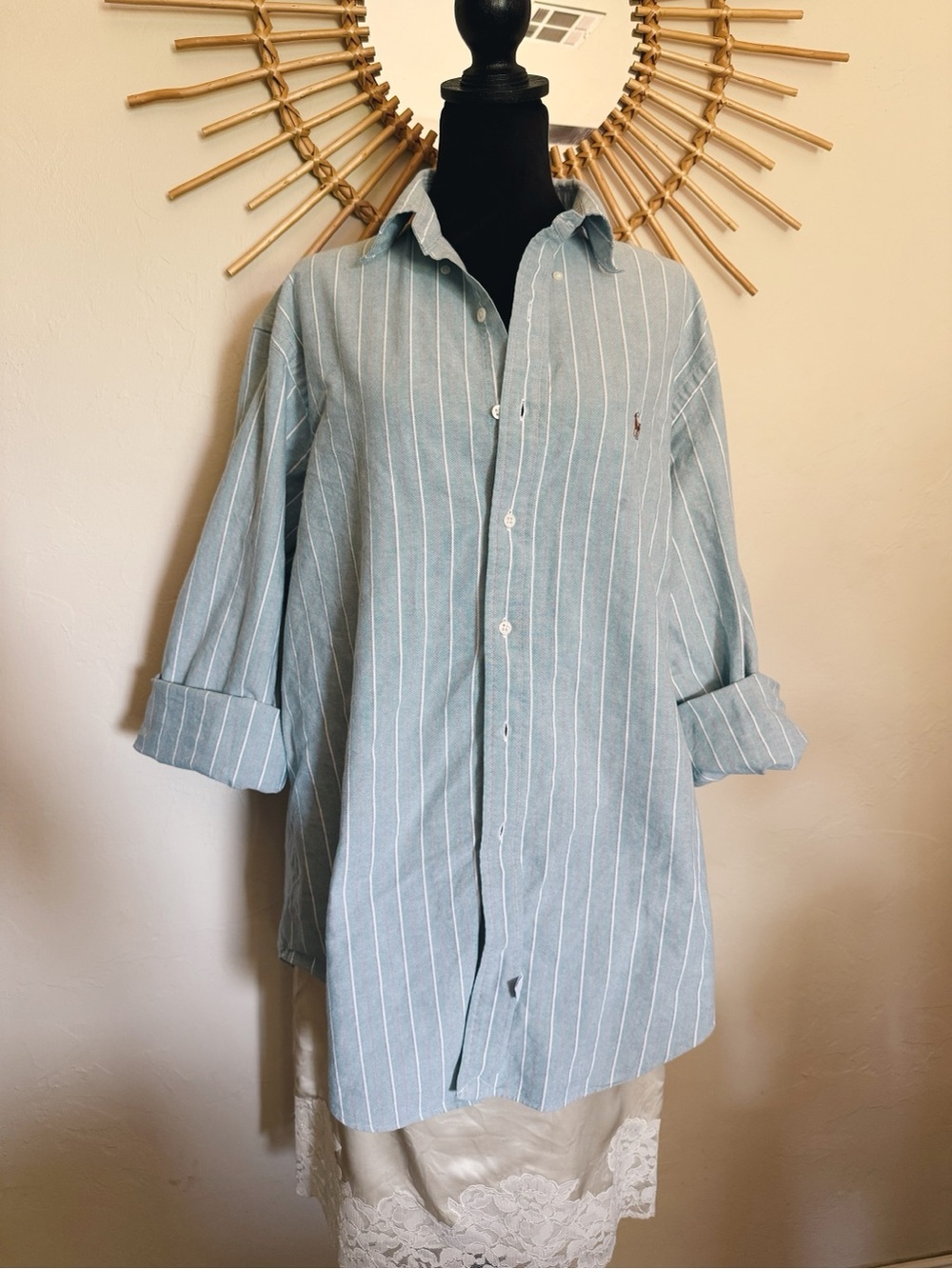 Ralph Lauren Green and White Pinstripe Button-Up Shirt